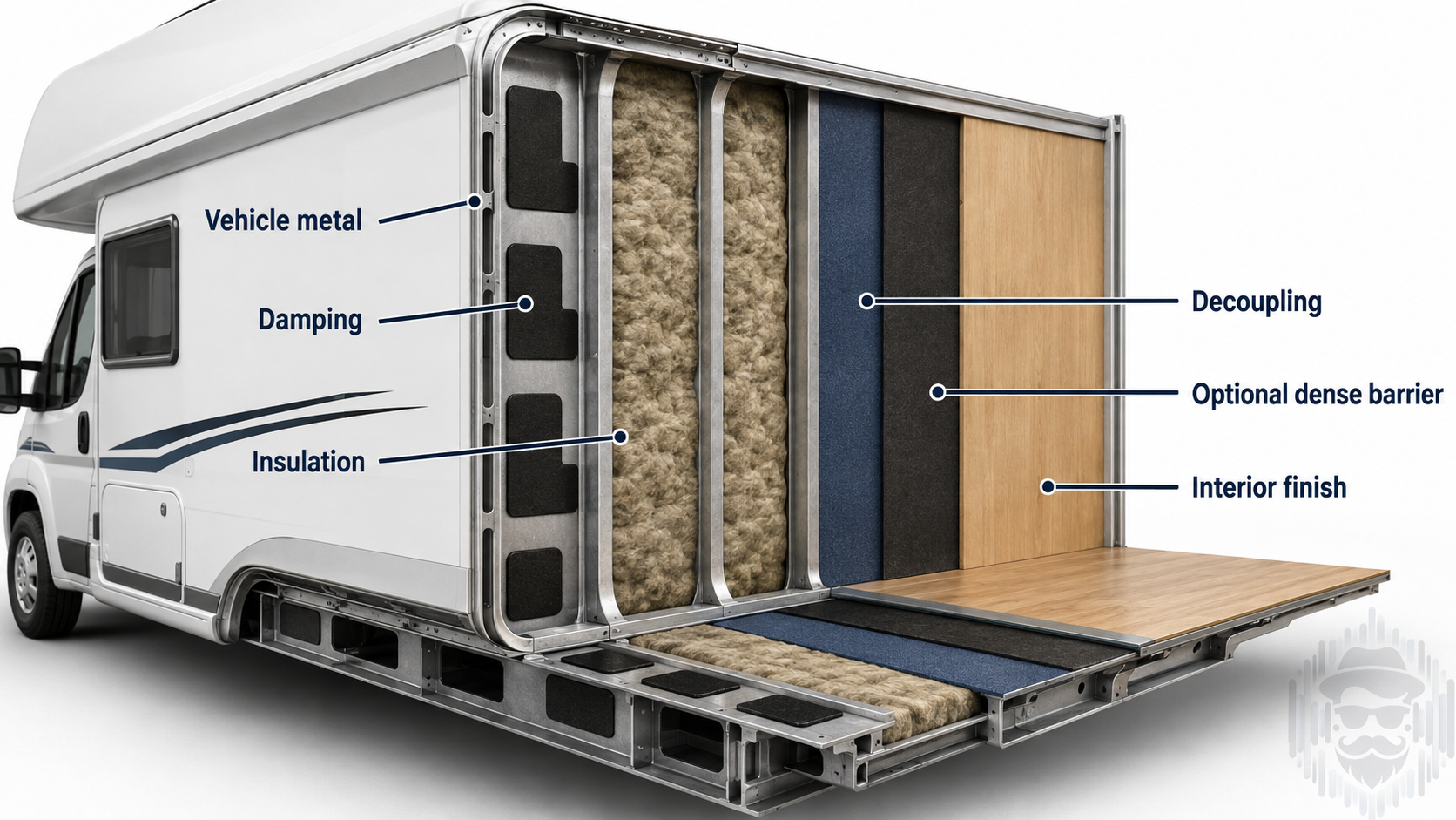 RV wall and floor cutaway showing vehicle metal, damping, insulation, decoupling, optional dense barrier and interior finish