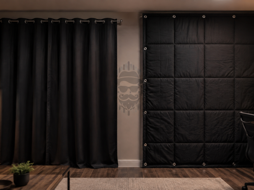 Black blackout curtain beside a quilted sound-dampening blanket in a home interior