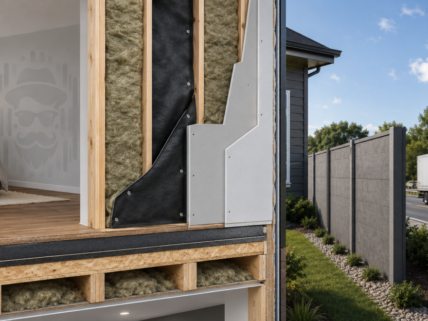 Residential cutaway showing a dense sound barrier in a stud wall, an acoustic barrier layer beneath flooring, and a solid outdoor noise barrier beside a road.