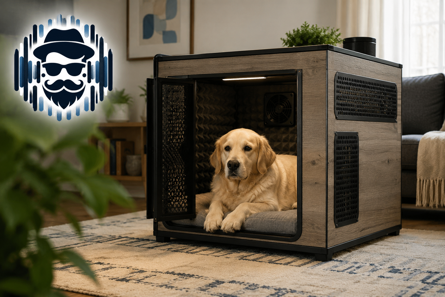 Dog resting inside a ventilated sound-reducing crate with padded interior