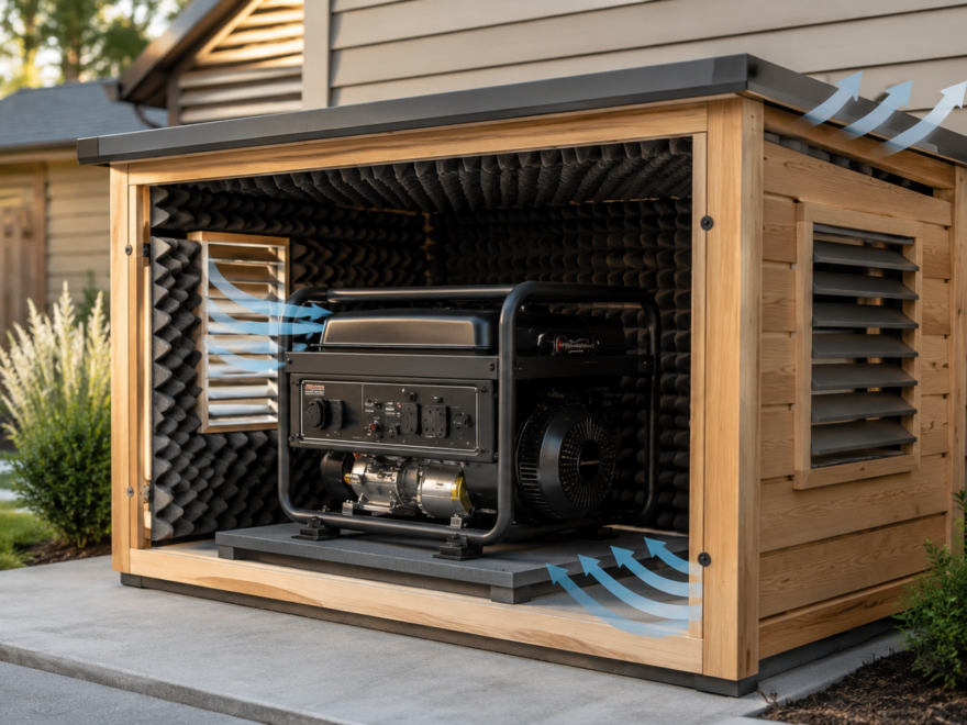 Outdoor generator with acoustic noise barrier and safe ventilation space