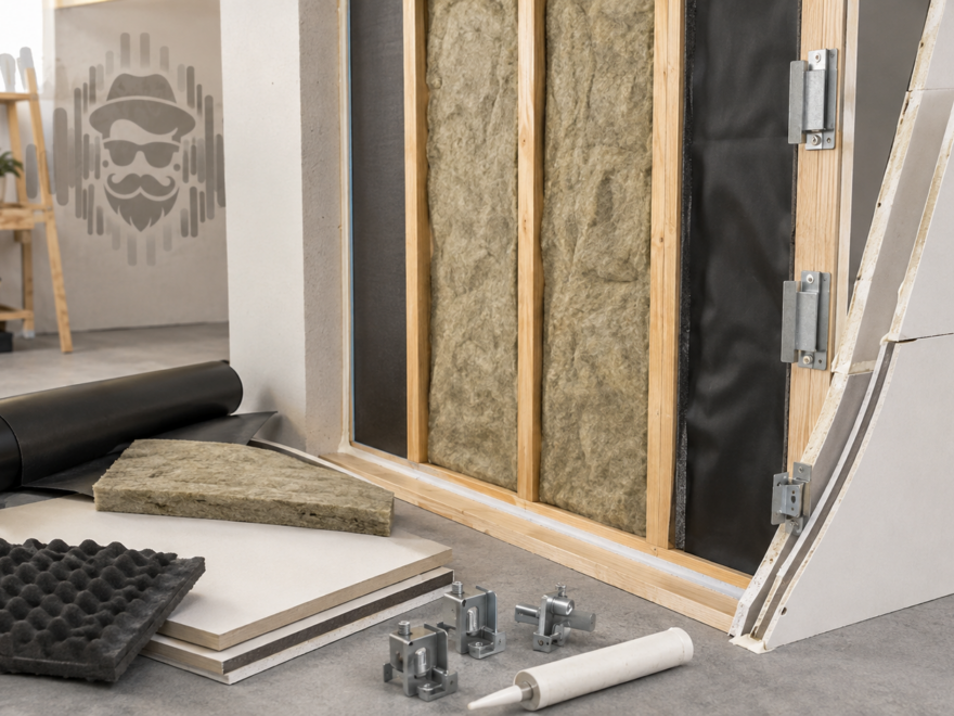 Open wall assembly showing mineral wool insulation, mass-loaded vinyl, resilient isolation clips, layered drywall, acoustic sealant and a separate acoustic foam panel.