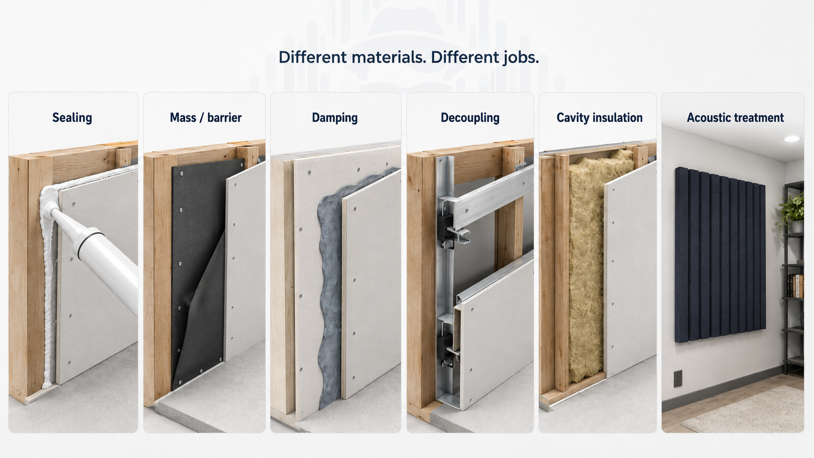 Technical infographic showing six soundproofing material functions: sealing gaps, mass barrier layer, damping between drywall layers, decoupling with resilient channel, cavity insulation, and room acoustic treatment panels.