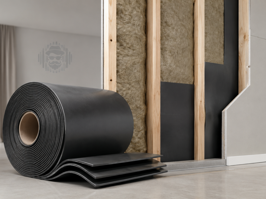 Roll of mass loaded vinyl beside a residential wall assembly showing how MLV is used as a sound barrier layer within a complete construction system.