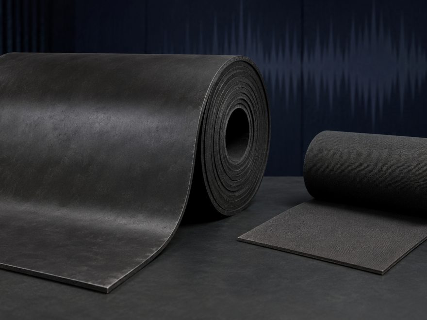 Large-format mass loaded vinyl roll beside a smaller fabric-backed MLV sheet for a TotalMass and TroyStudio comparison