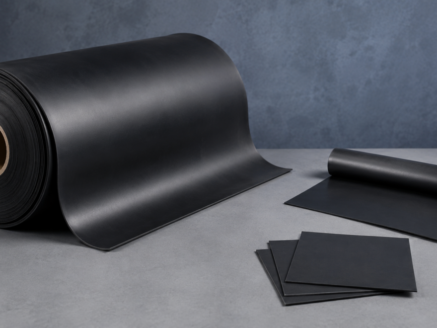 Large construction roll of mass loaded vinyl beside a compact MLV sheet and thin tiles for a TotalMass and ArrowZoom comparison