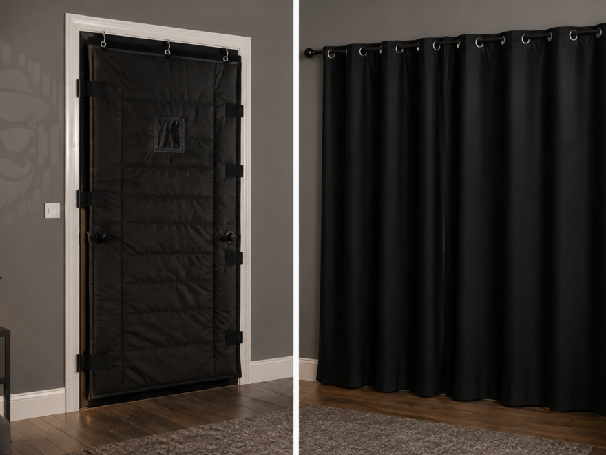 Side by side comparison of a black padded soundproof door blanket on the left and a black blackout curtain with grommets on the right
