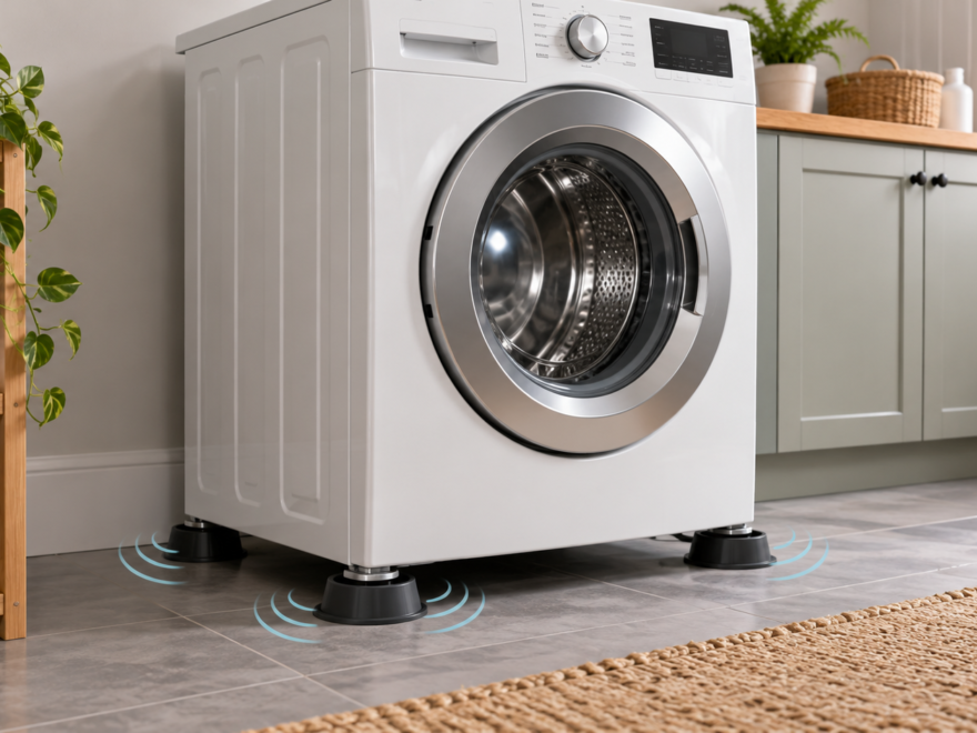 Front-loading washing machine on anti-vibration pads in a laundry room