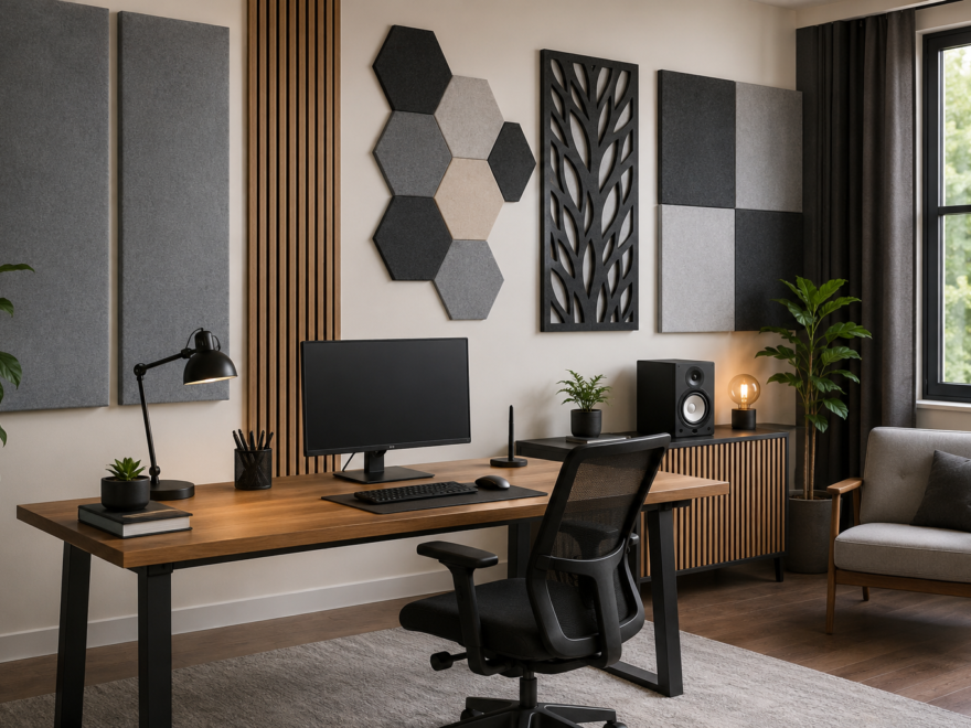 Felt acoustic wall panels in rectangular, hexagonal and decorative formats in a modern home office studio