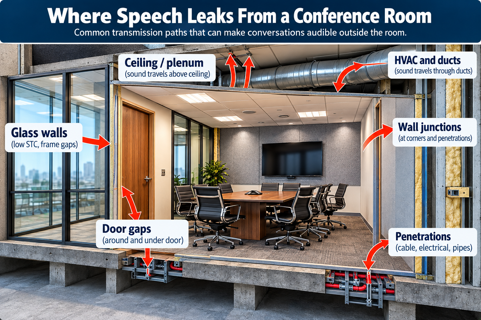 Diagram showing conference room speech leak paths through door gaps, glass, wall junctions, ceilings, HVAC ducts and penetrations