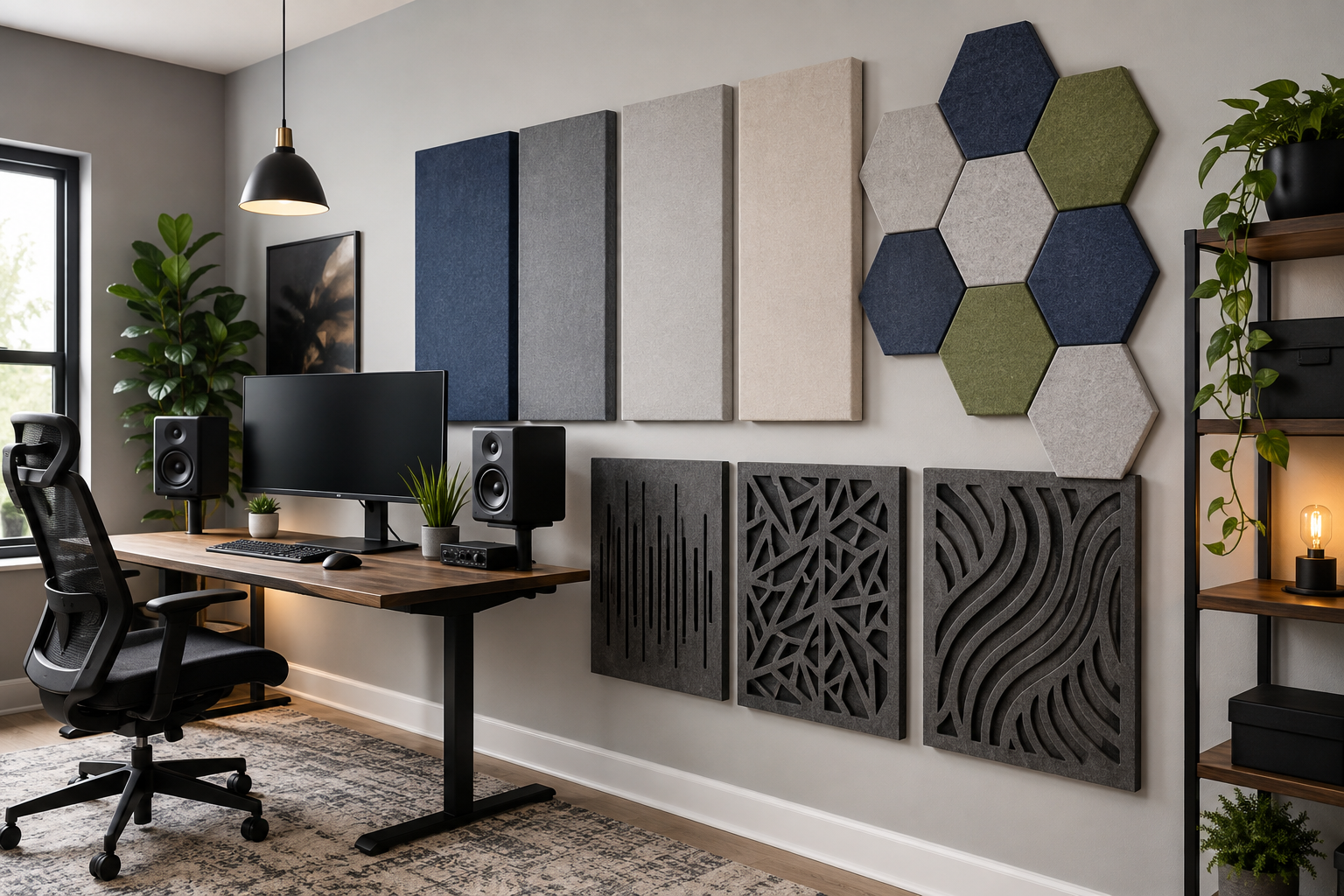 Rectangular and hexagonal felt acoustic panels arranged on the wall of a modern home office