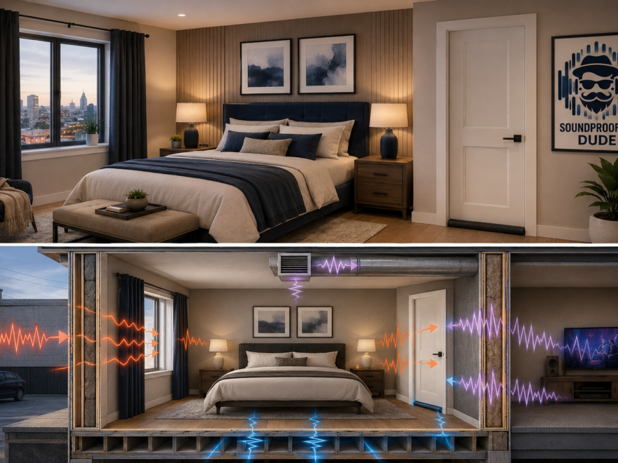 Soundproof bedroom showing common noise paths through the window, door, wall, ceiling and vent