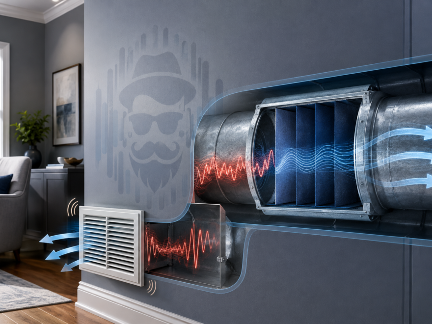 Soundproofing an air vent while preserving airflow, showing duct noise paths, grille vibration and sound attenuation