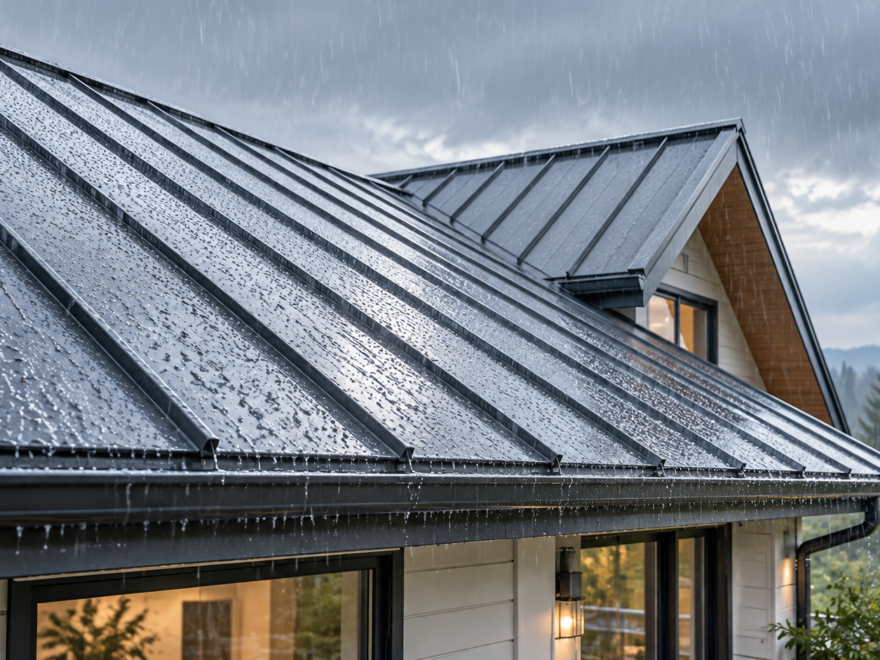 Rain falling on a standing-seam metal roof
