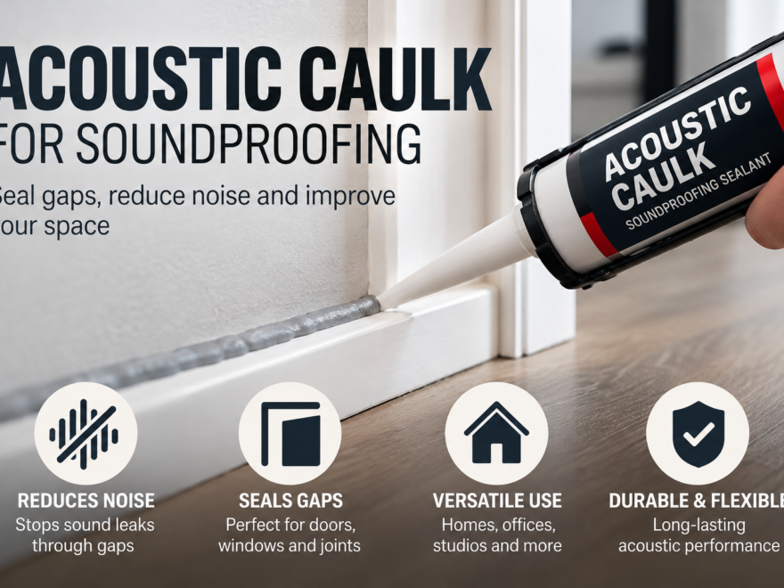 Acoustic caulk being applied along a wall and baseboard joint to seal sound leakage gaps