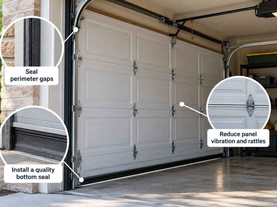 Sectional garage door showing perimeter weatherstripping, bottom seal, and panel hardware to reduce noise