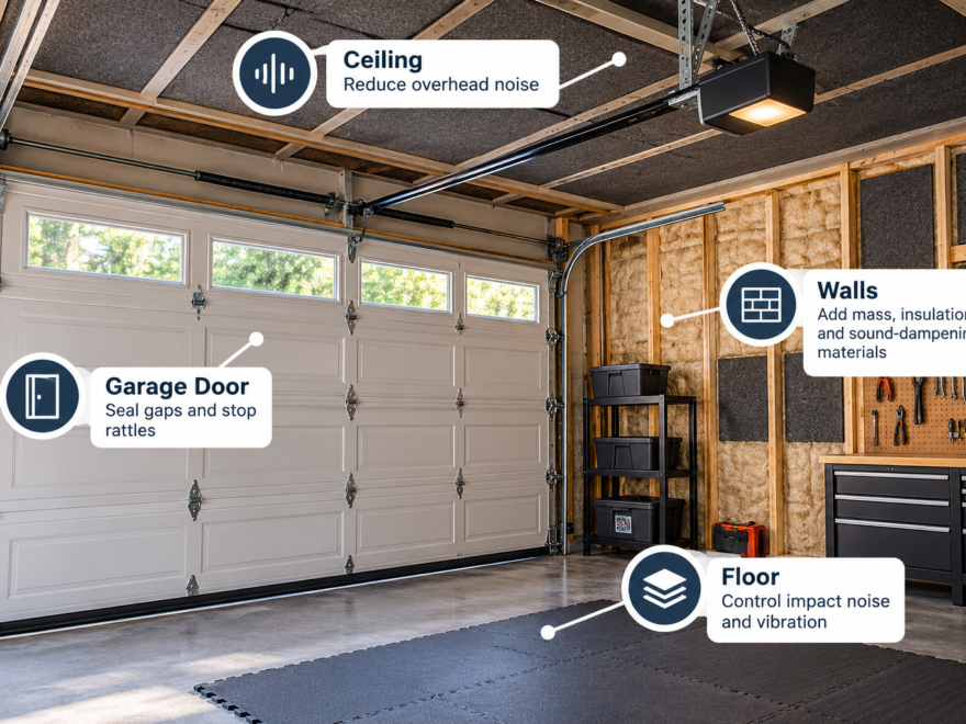 Garage soundproofing overview showing ceiling treatment, insulated walls, sealed garage door and floor vibration control