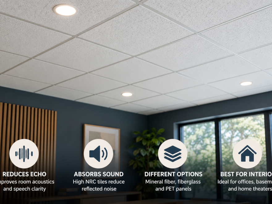 Acoustic ceiling tiles in a modern room, illustrating echo reduction and sound absorption
